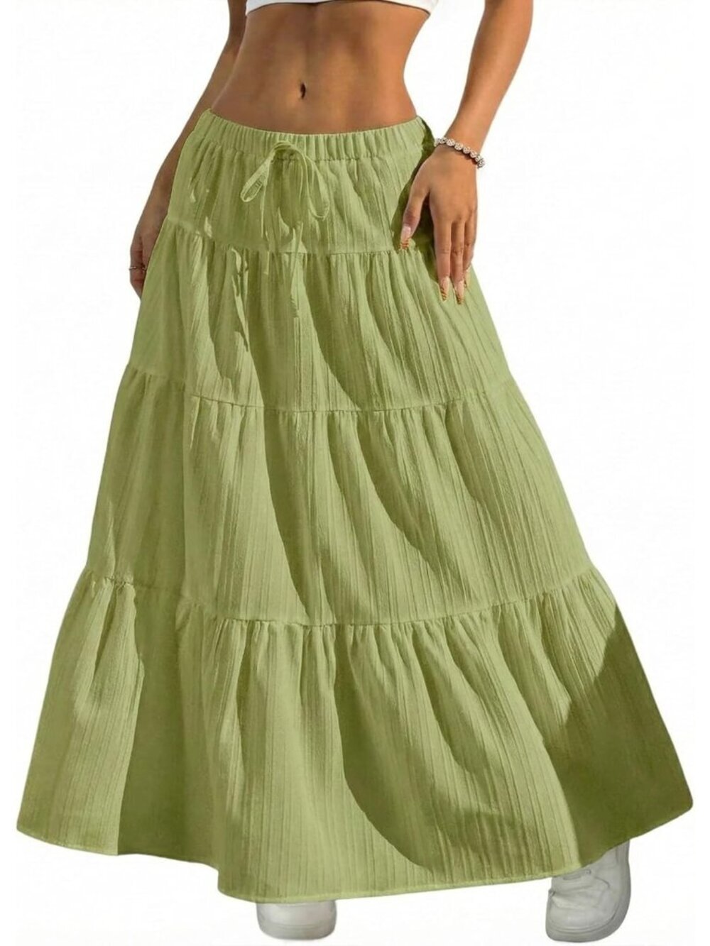Women's Boho Flowy Green Maxi Skirt Flared Ruffle A Line Spring Long Skirts